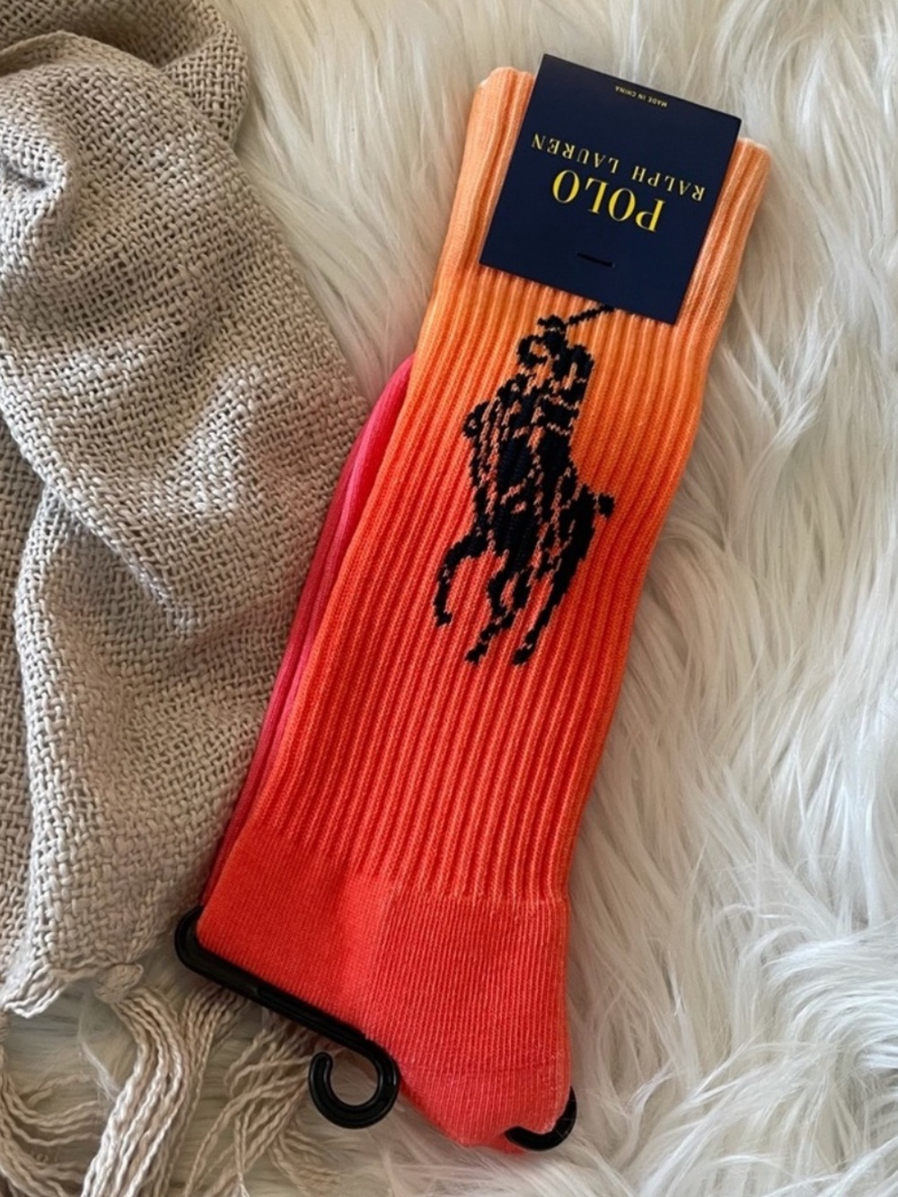 🆕 POLO Ralph Lauren Large Pony Crew Socks Orange Pink Gradient Dip Dye RARE NWT